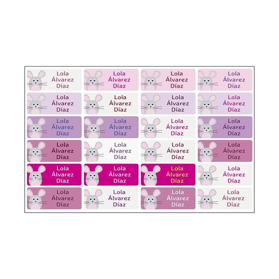 Imagen detallada del paquete de 24 etiquetas termoadhesivas para marcar ropa con dibujos de ratones en color rosa , personalizables con el nombre del niño o niña y disponibles en varios estilos de letra; perfectas para marcar ropa infantil - Nicolasito.es #color_Rosa