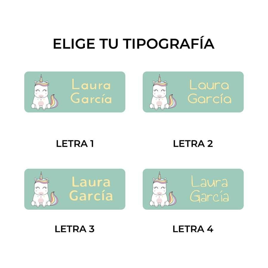 Detalle de los diferentes tipos de letra para personalizar etiquetas termoadhesivas para marcar la ropa con ilustración de unicornio - Nicolasito.es #forma_Rectangulares