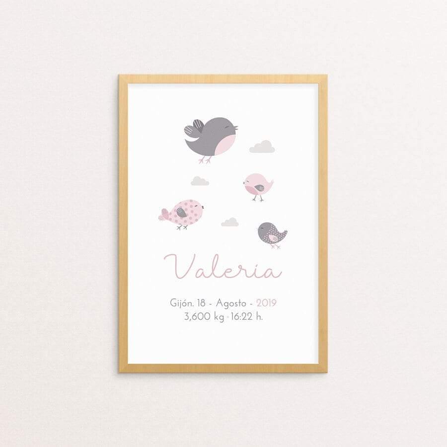 Lámina personalizada pajaritos regalo infantil personalizado #color_Rosa y gris