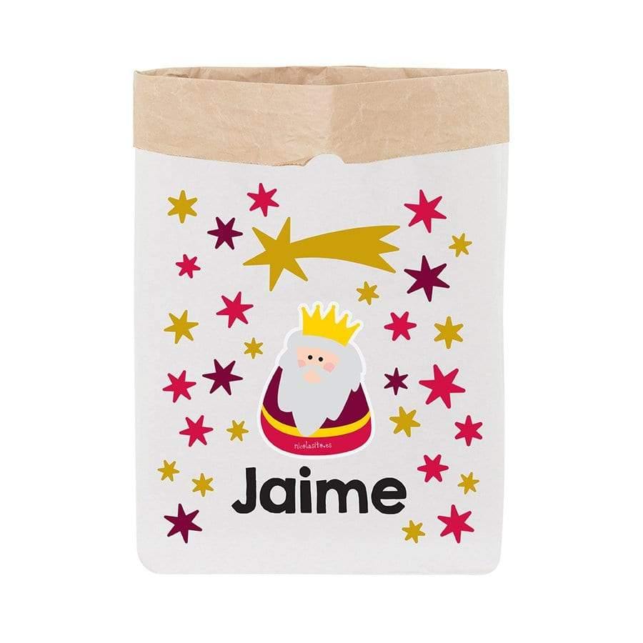 Detalle del saco de papel kraft resistente para Navidad, reutilizable año tras año y personalizado con nombre - Nicolasito.es #modelo_Melchor