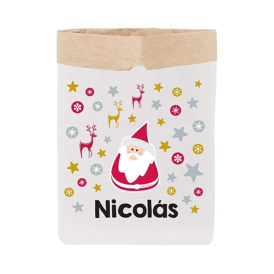 Saco de papel de Papá Noel personalizado con nombre, ideal para guardar regalos de Navidad y decorar el hogar con estilo sostenible - Nicolasito.es