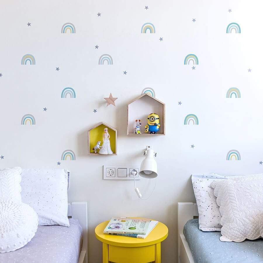 Cuarto infantil compartido con Vinilo decorativo Arco Iris de pared nicolasito  #color_Pastel azul
