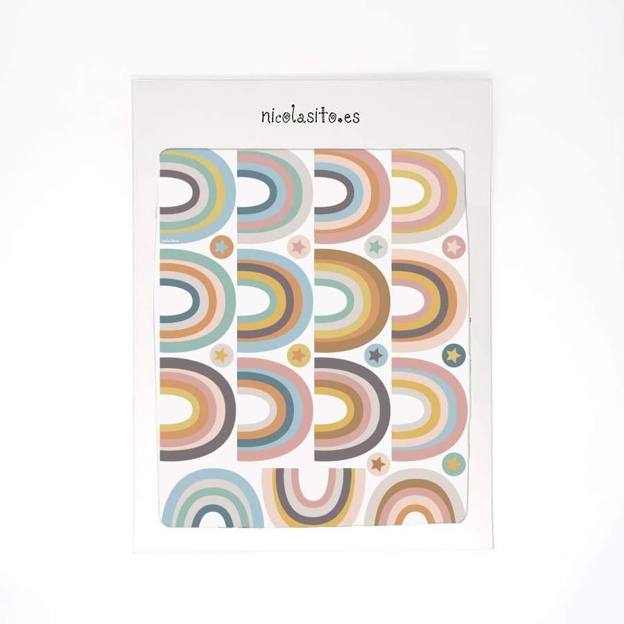 Acabado del vinilo adhesivo decorativo con forma de arcoíris en tonos pastel cálidos. Paquete de 15 vinilos adhesivos de pared - Nicolasito.es #color_Sunset