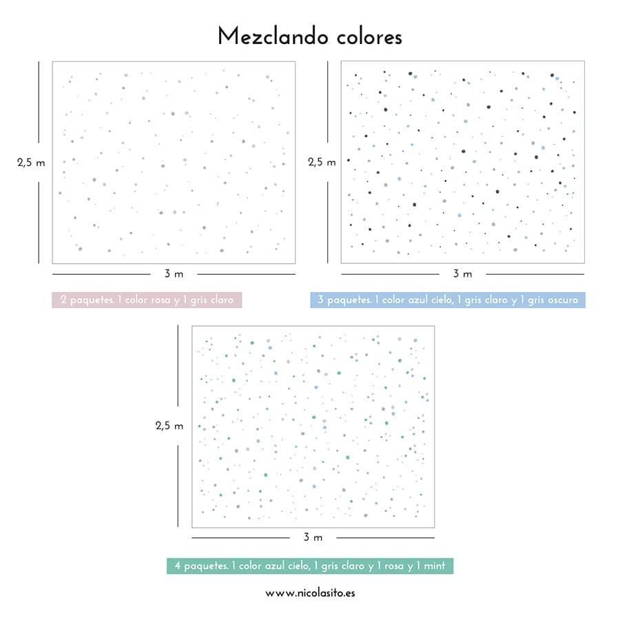 Resultado visual de pared amplia decorada con múltiples paquetes de vinilo adhesivo lunares irregulares de diferentes colores - Nicolasito.es