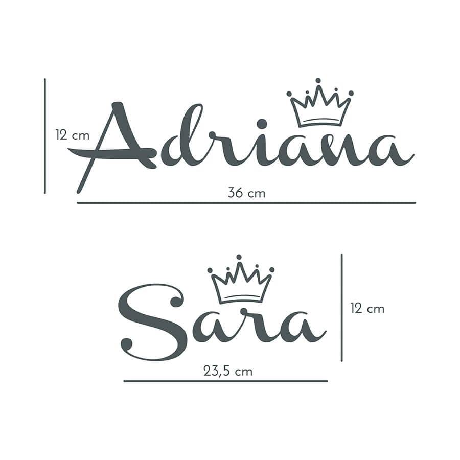 Comparativa de tamaños del vinilo con nombre Corona Channel, opciones personalizadas de vinilo decorativo para habitaciones infantiles - Nicolasito.es