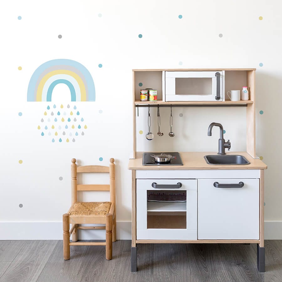 Combinación de vinilo decorativo de pared en forma de topitos pastel con otros vinilos decorativos en color azul en habitación infantil - Nicolasito.es #color_Pastel azul