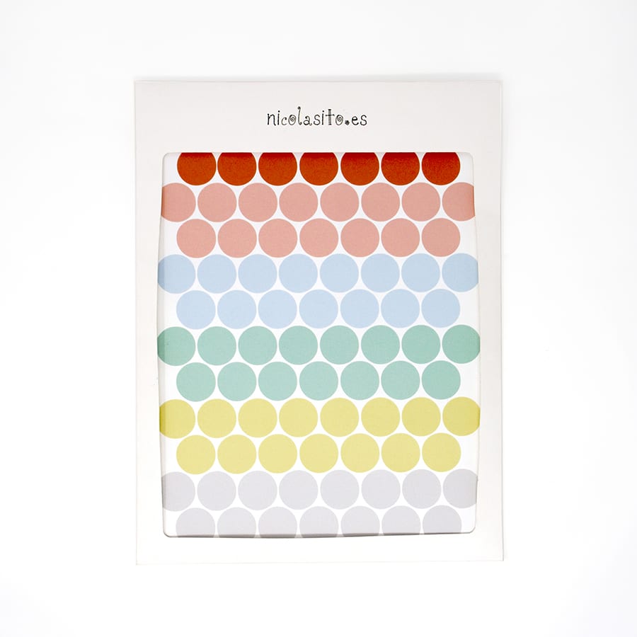 Pack de 90 pegatinas adhesivas para decorar la pared en forma de circulos de colores pastel en su packaging de envío original - Nicolasito.es #color_Multicolor