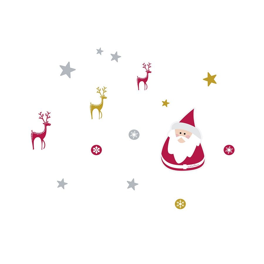 Detalle del diseño del vinilo decorativo Papá Noel, ilustración navideña en tonos cálidos ideal para decorar paredes infantiles en Navidad - Nicolasito.es