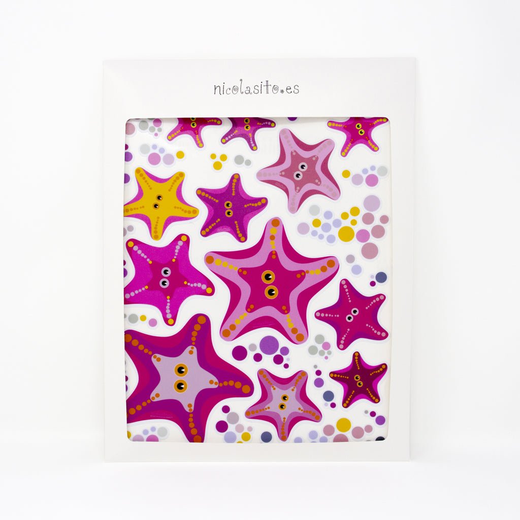 Set de 12 pegatinas antideslizantes de estrellas de mar rosas adhesivas para bañera y ducha infantil. Nicolasito.es #color_Rosa