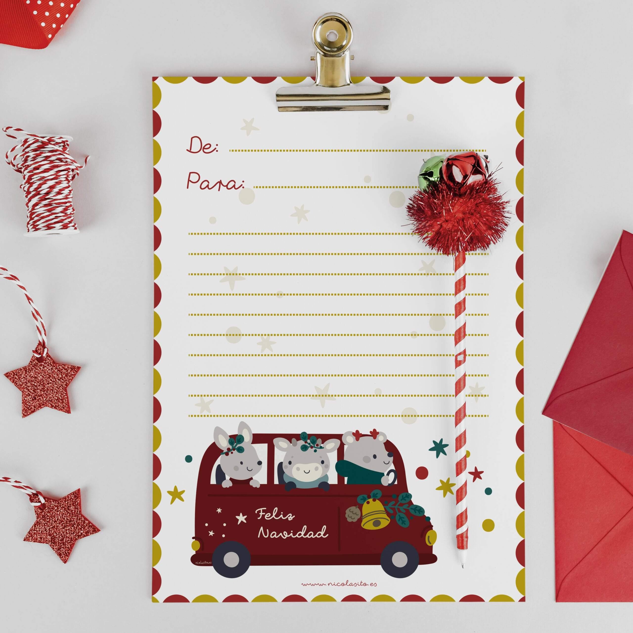 Carta de Navidad Furgoneta de los Regalos colocada sobre mesa con adornos navideños, plantilla gratuita para imprimir y escribir la lista de regalos - Nicolasito.es