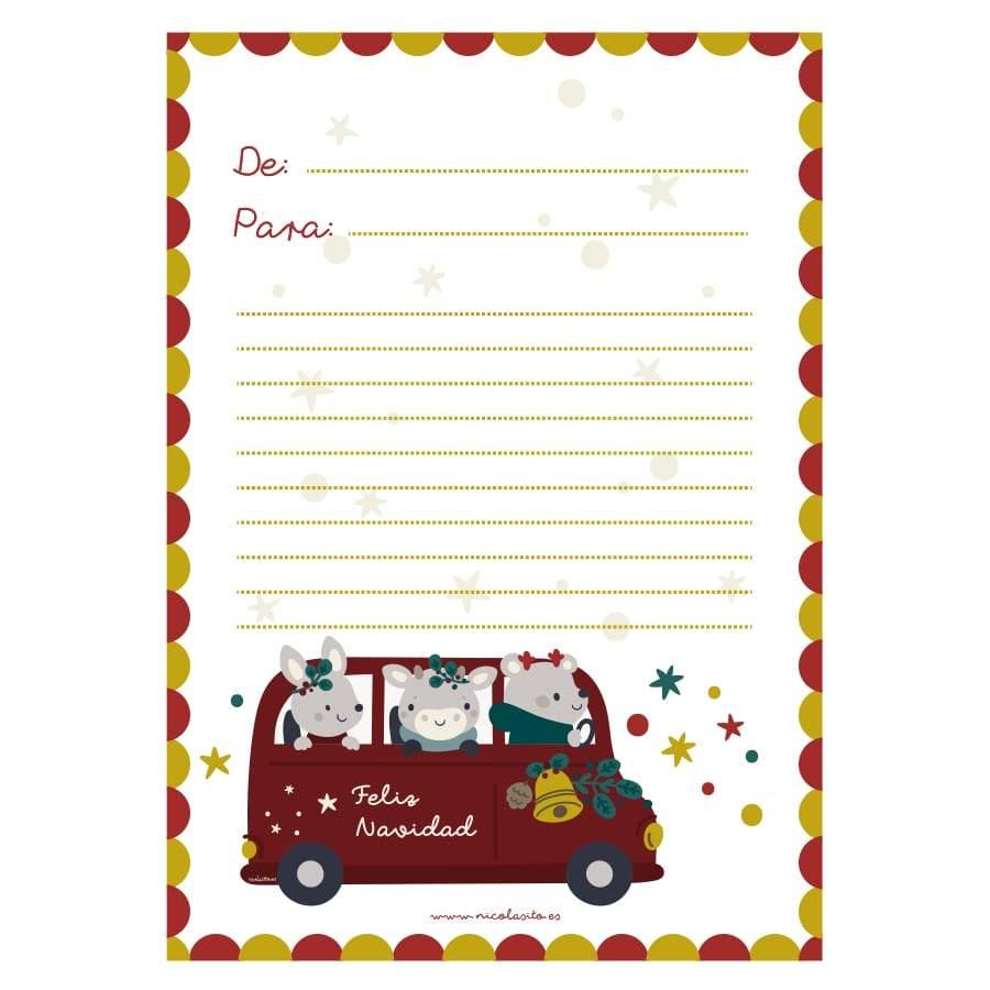 Detalle del diseño de la carta de Navidad Furgoneta de los Regalos, descargable gratuito con ilustración festiva de furgoneta llena de regalos y espacio para escribir deseos - Nicolasito.es