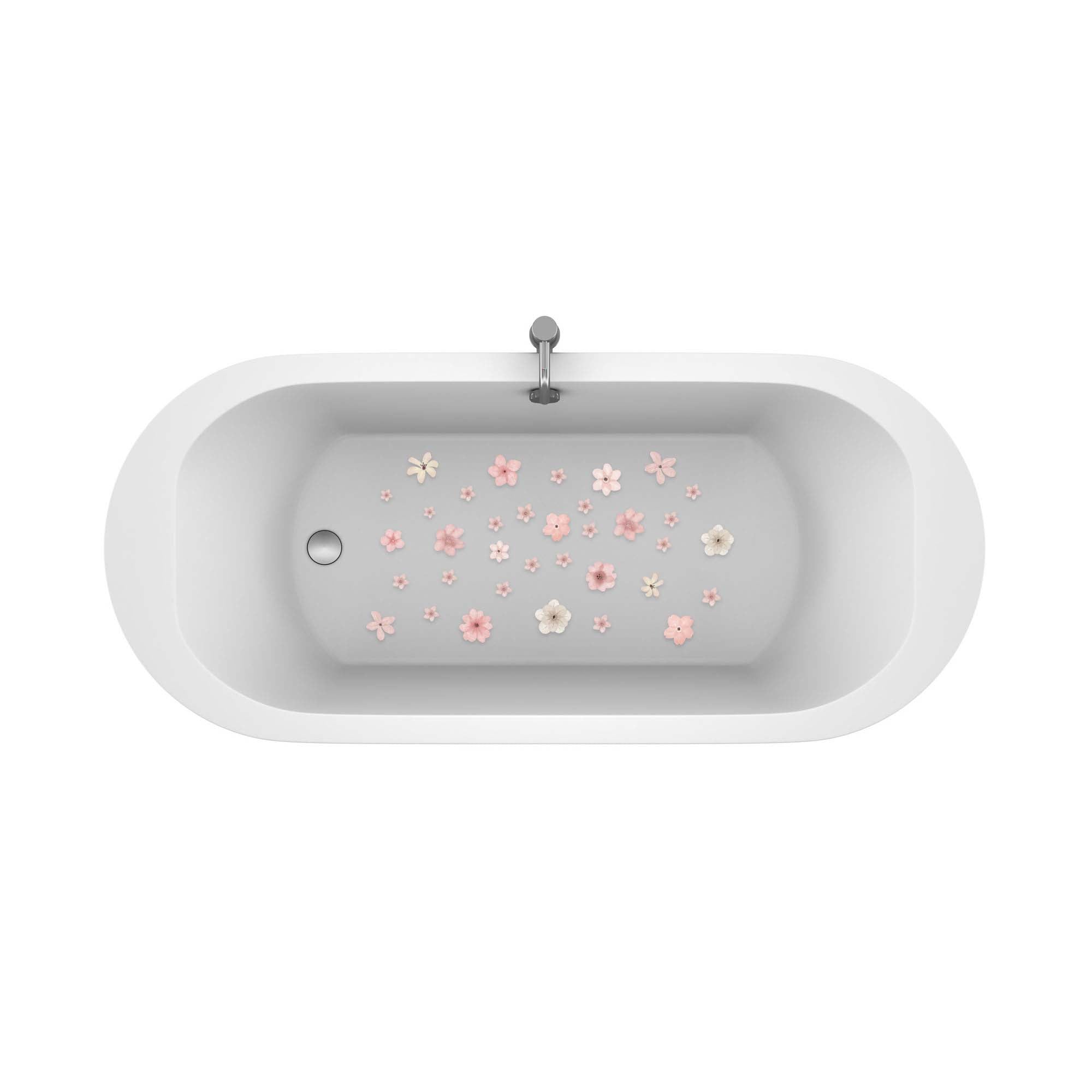Vista general de una bañera blanca decorada con 39 pegatinas antideslizantes en forma de flores rosas, distribuidas uniformemente sobre el fondo blanco - Nicolasito.es