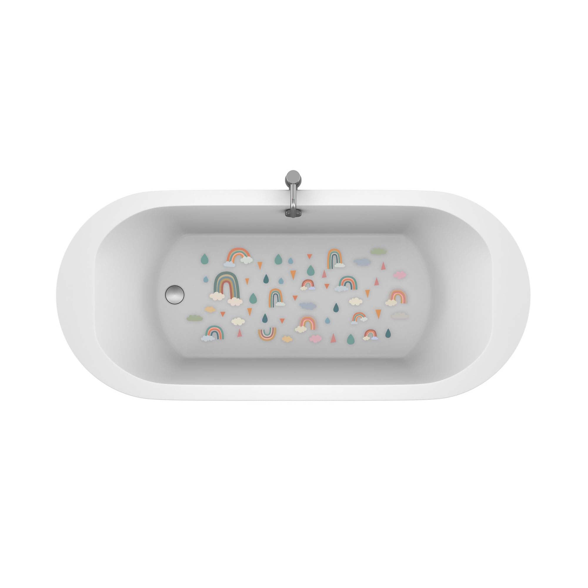Set de 52 pegatinas antideslizantes infantiles en forma de arcoiris y nubes sobre una bañera blanca para enseñar como previenen resbalones durante el baño creando un ambiente seguro - Nicolasito.es