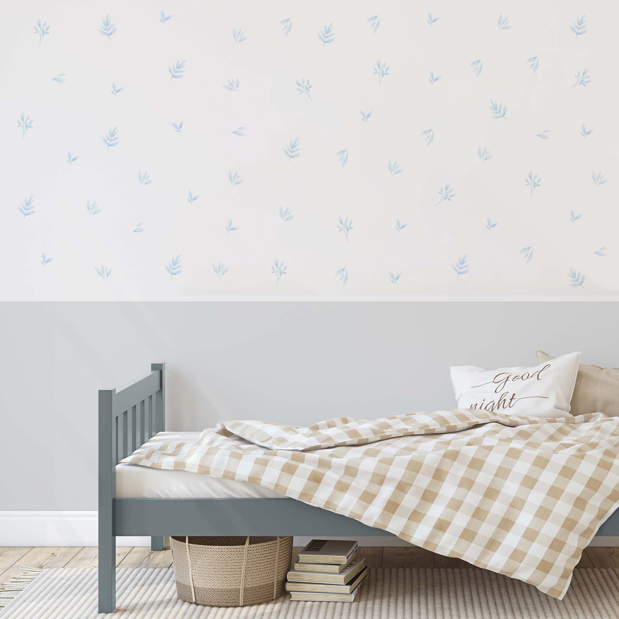 Habitación de niño decorada con vinilos de PLANTAS MINI y cama gris. Decoración en tonos azules y gris para un estilo botanico de papel pintado pared. Nicolasito.es
#color_plantas-acuarela-azul