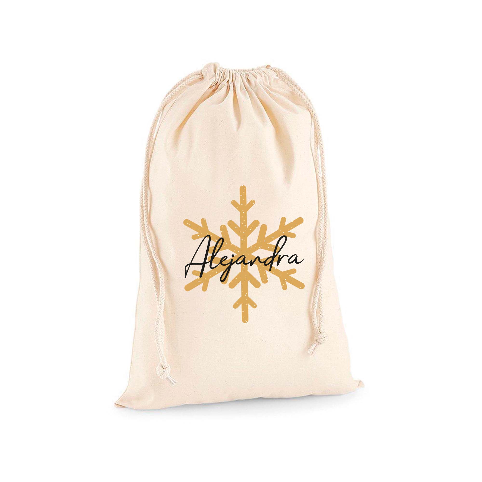 Saco de Navidad personalizado con copo de nieve oro y nombre estampado sobre fondo de algodón, detalle artesanal perfecto para regalos navideños - Nicolasito.es #color_Oro