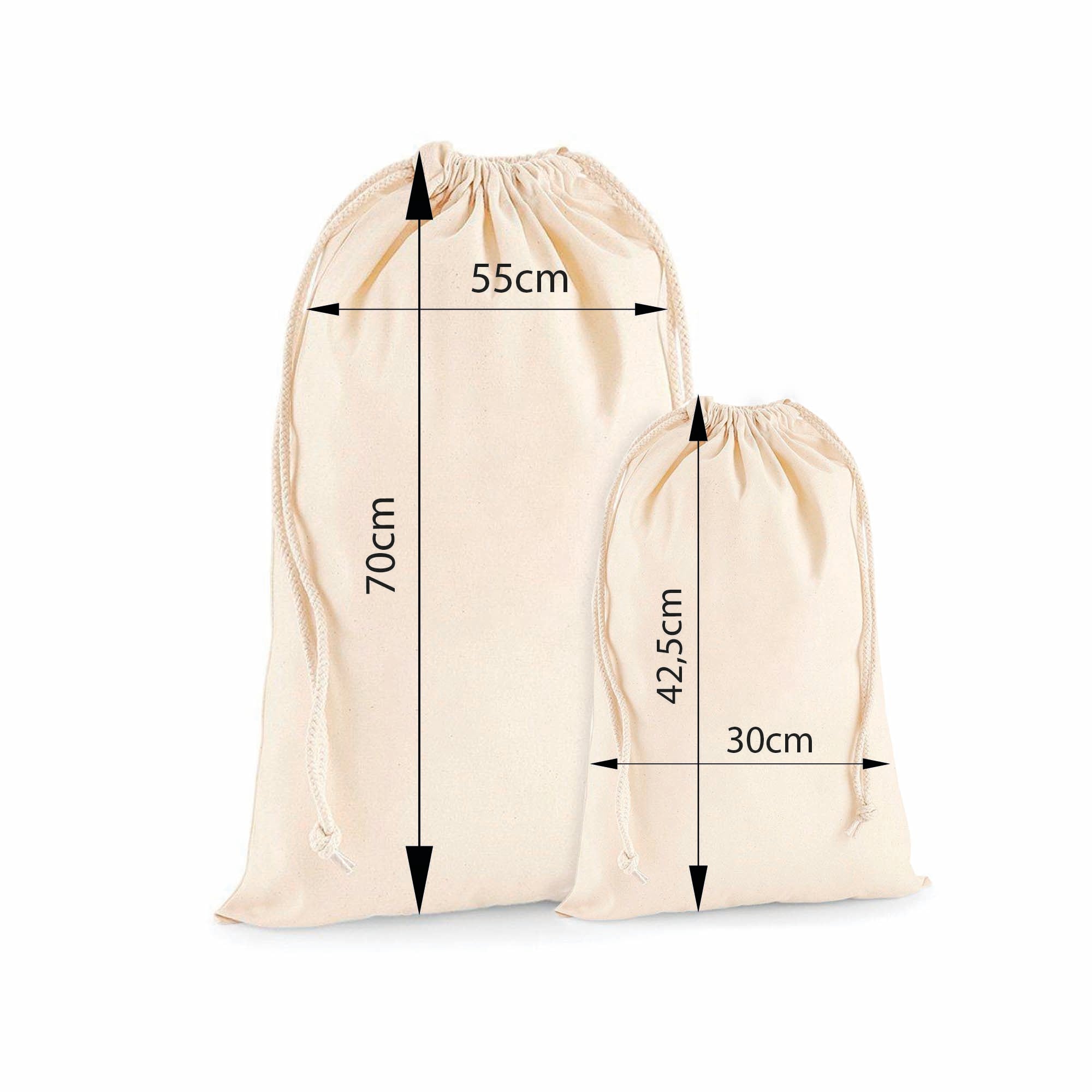 Dos sacos de Navidad personalizados con copo de nieve en diferentes tamaños, perfectos para guardar regalos grandes o pequeños bajo el árbol - Nicolasito.es