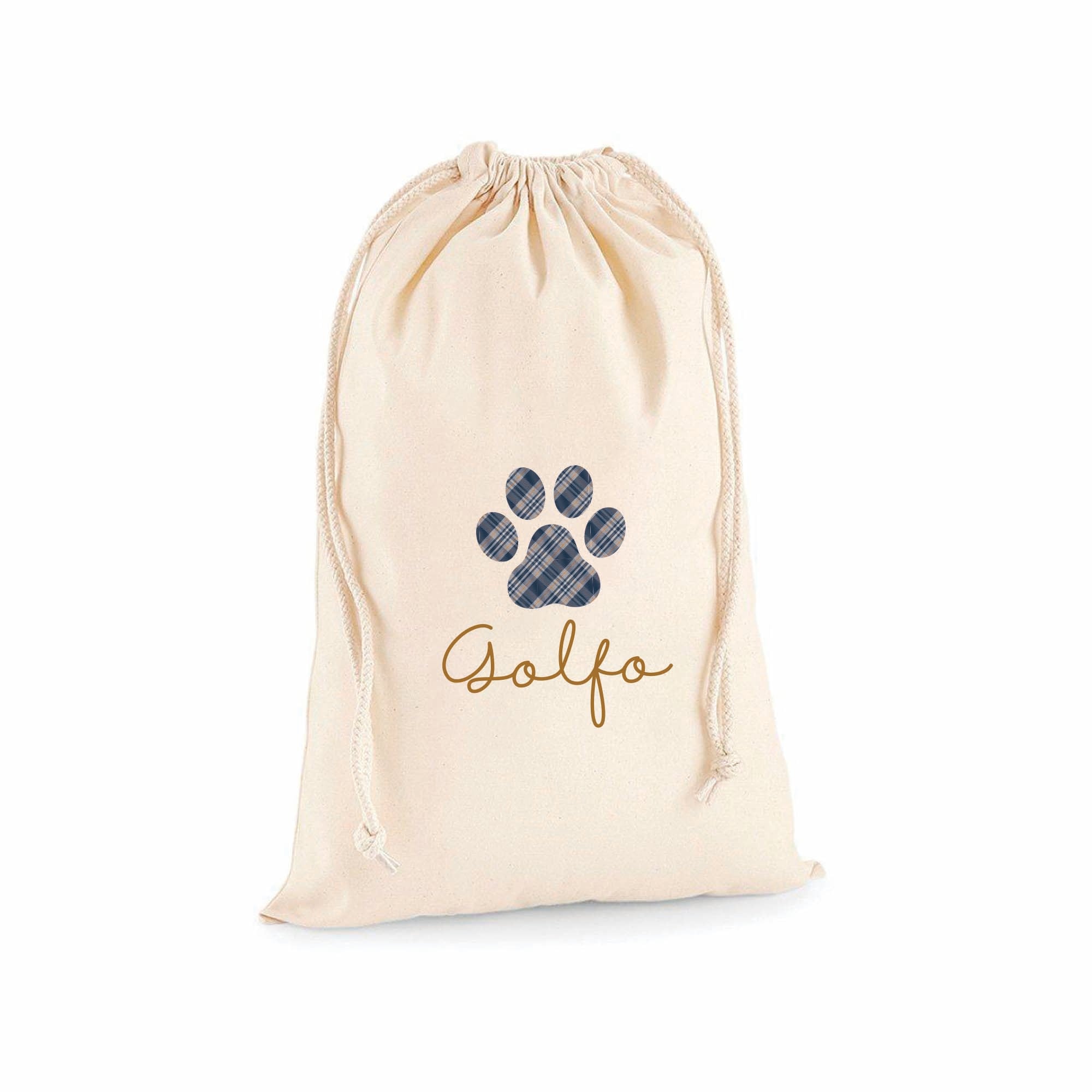 Detalle del saco navideño para perros personalizado con nombre y diseño de huella, regalo original para mascotas en Navidad - Nicolasito.es #color_estampado-escoces-azul