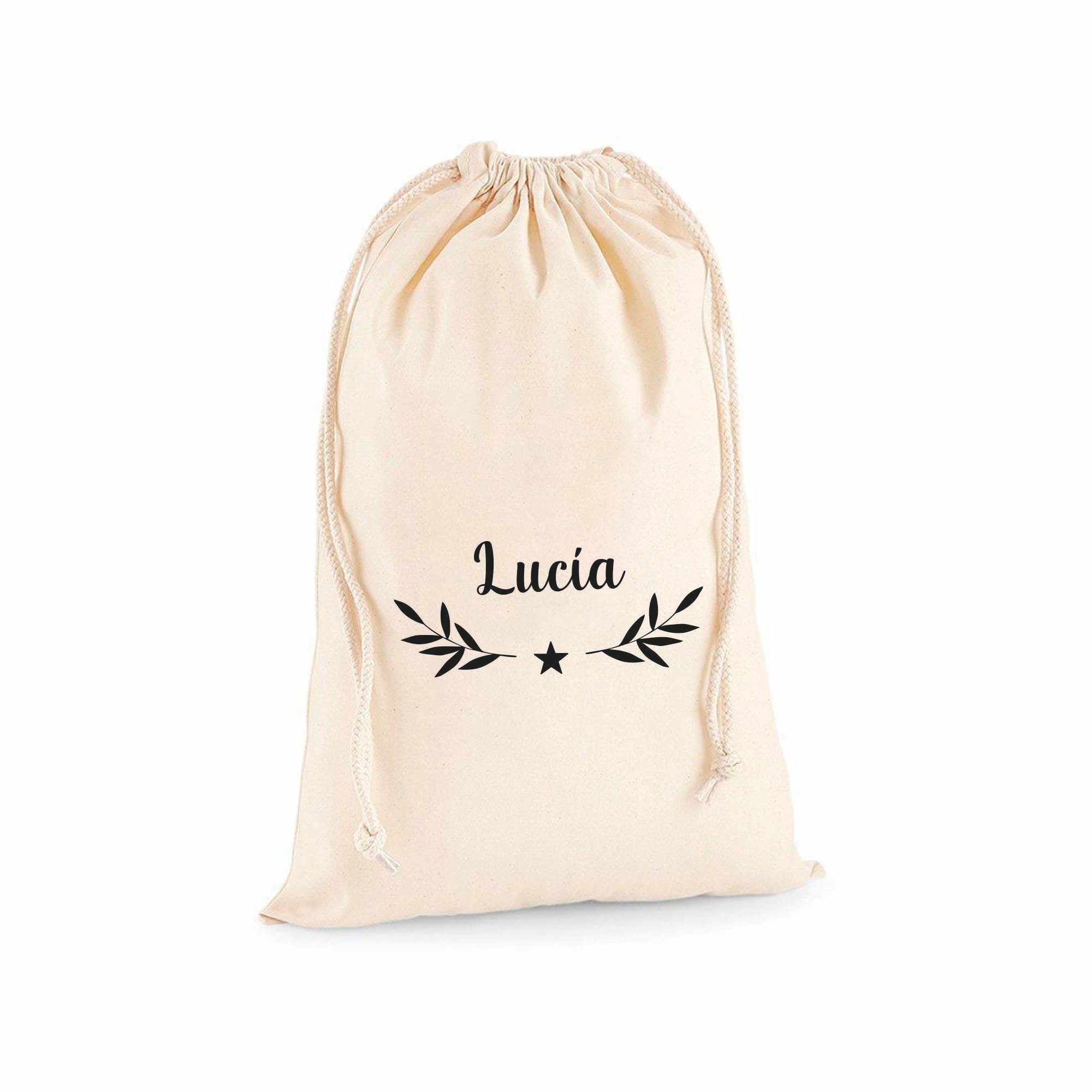 Saco personalizado con nombre y estampado de eucalipto, diseño minimalista y elegante para decorar habitaciones o colocar regalos navideños - Nicolasito.es