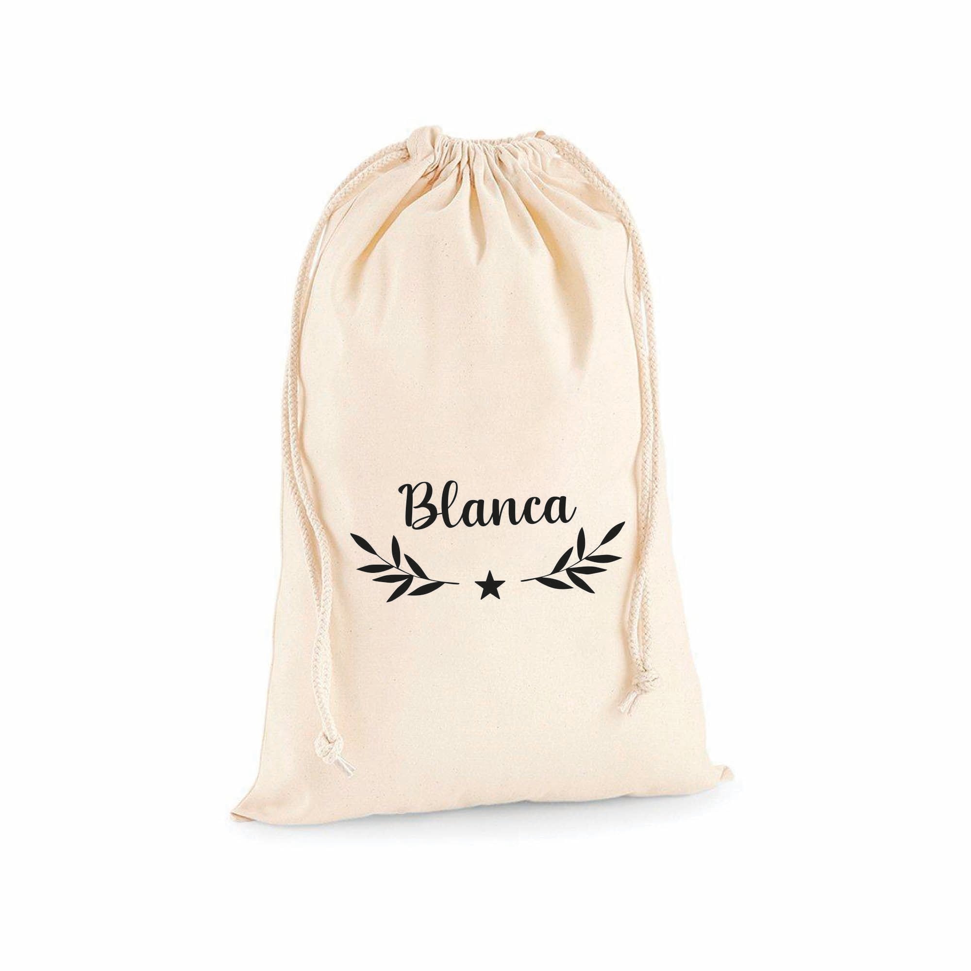 Primer plano del estampado de hojas de eucalipto en saco personalizado, diseño decorativo natural ideal para regalos o almacenaje - Nicolasito.es