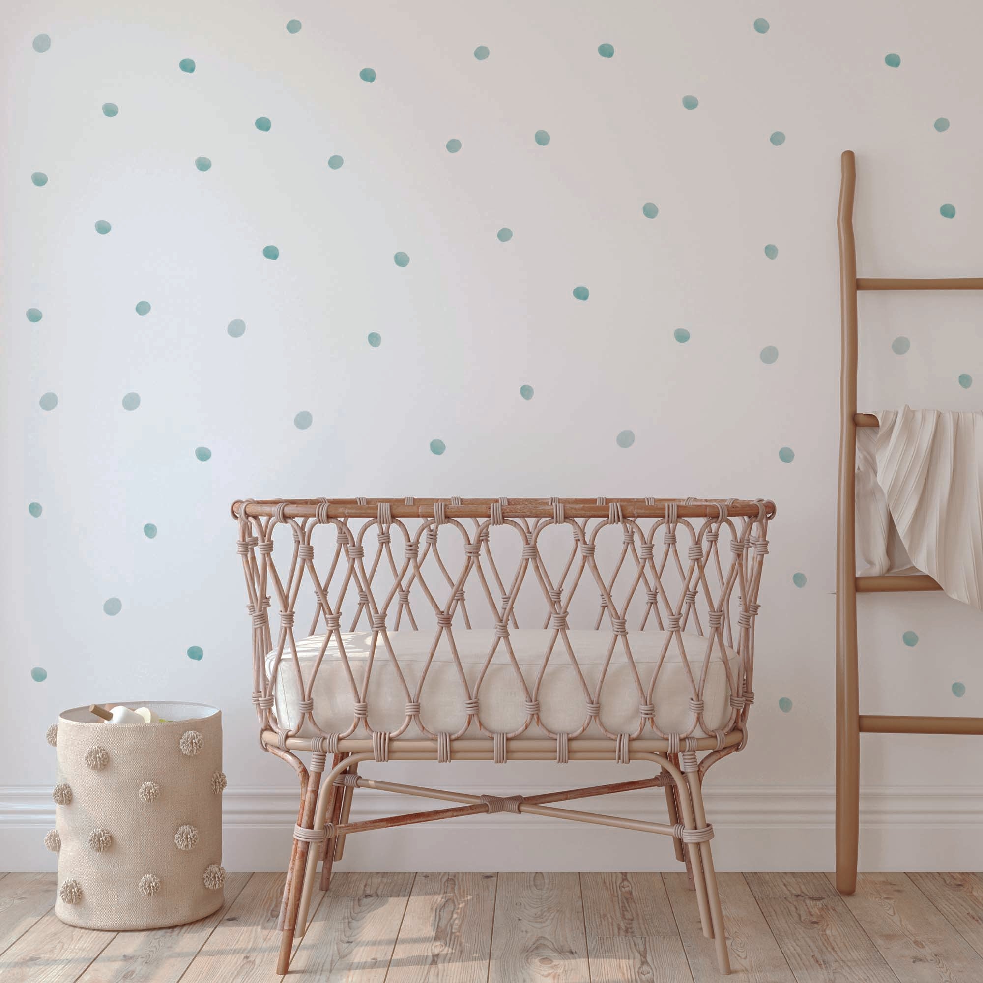 Vinilo de lunares en acuarela usado en decoración de cuarto de bebé. Nicolasito.es
#color_topitos-aqua