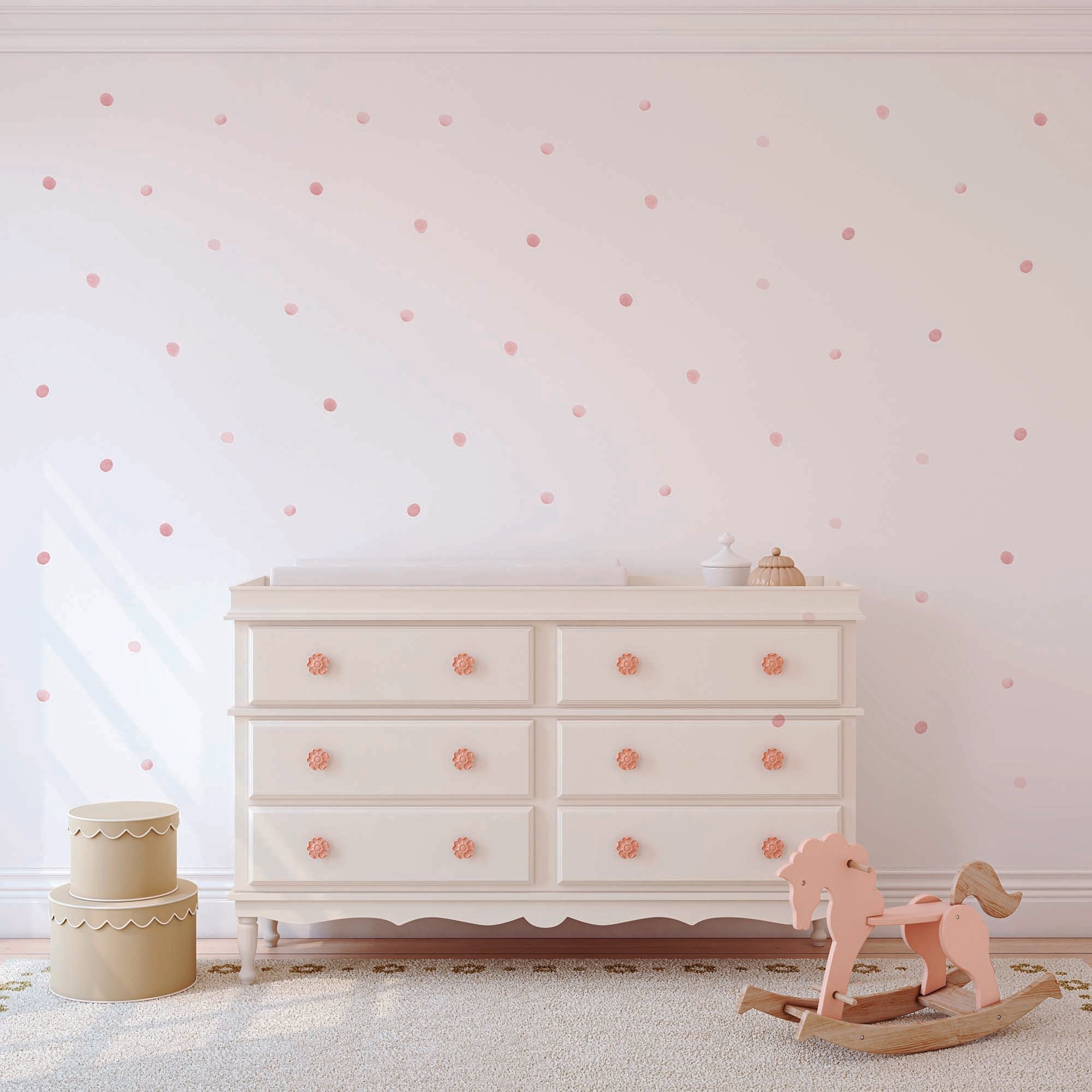 Topos decorativos fáciles de poner y quitar, ideales para paredes lisas. Nicolasito.es #color_topitos-rosa