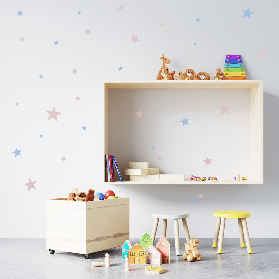 Decoración de pared de Sala Juegos infantil con vinilo decorativo de Estrellas de varios tamaños en color rosa y azul - Nicolasito.es #color_Rosa #color_Azul cielo