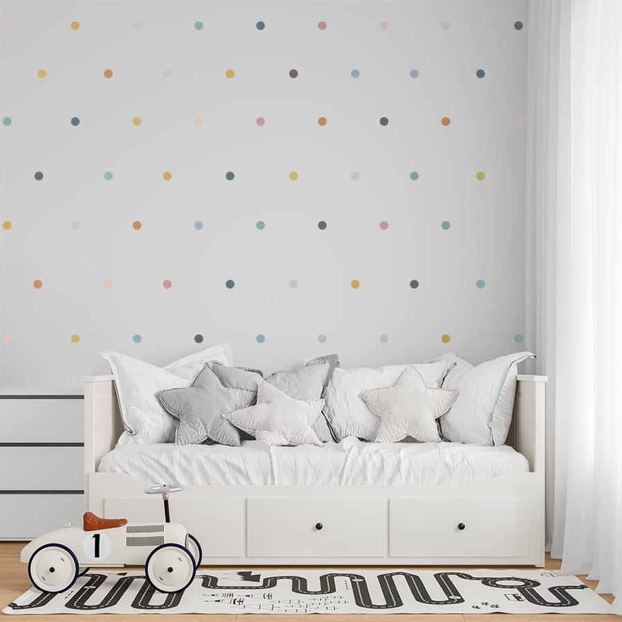Cuarto infantil decorado con vinilos decorativos de pared en forma de topitos de color pastel. Vinilo removible de alta calidad - Nicolasito.es #color_Sunset