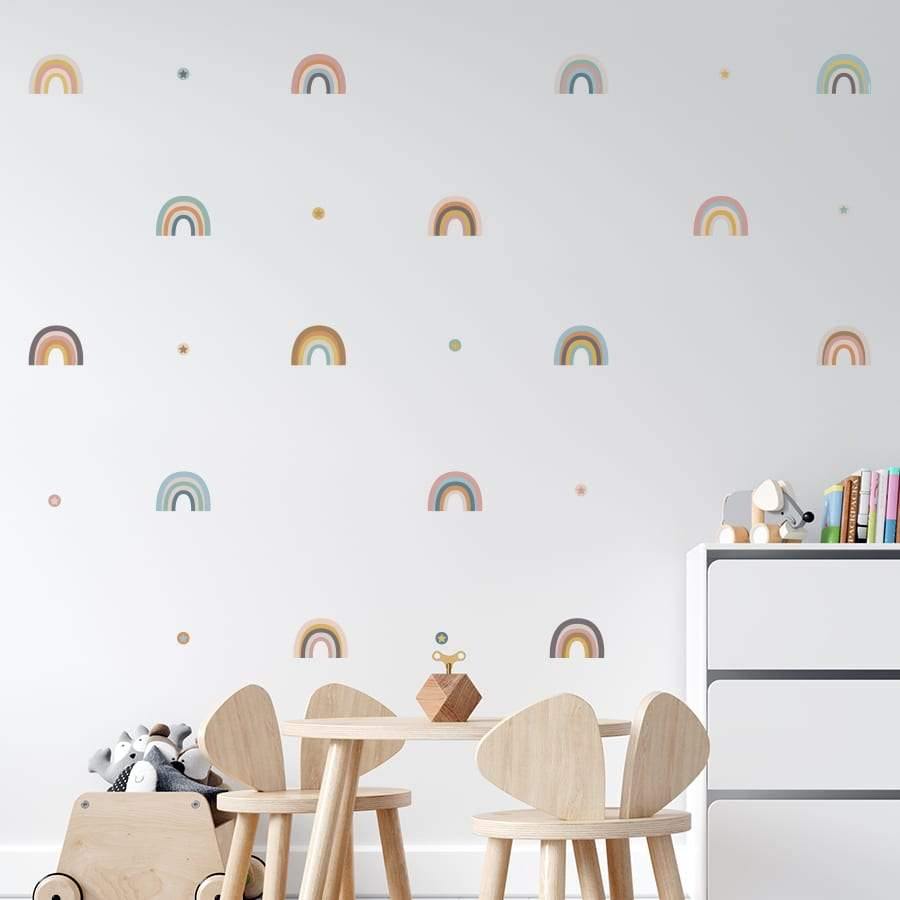 Decoración de pared de sala de juegos infantiles con Vinilos decorativos en forma de arcoiris de color pastel - Nicolasito.es #color_Sunset