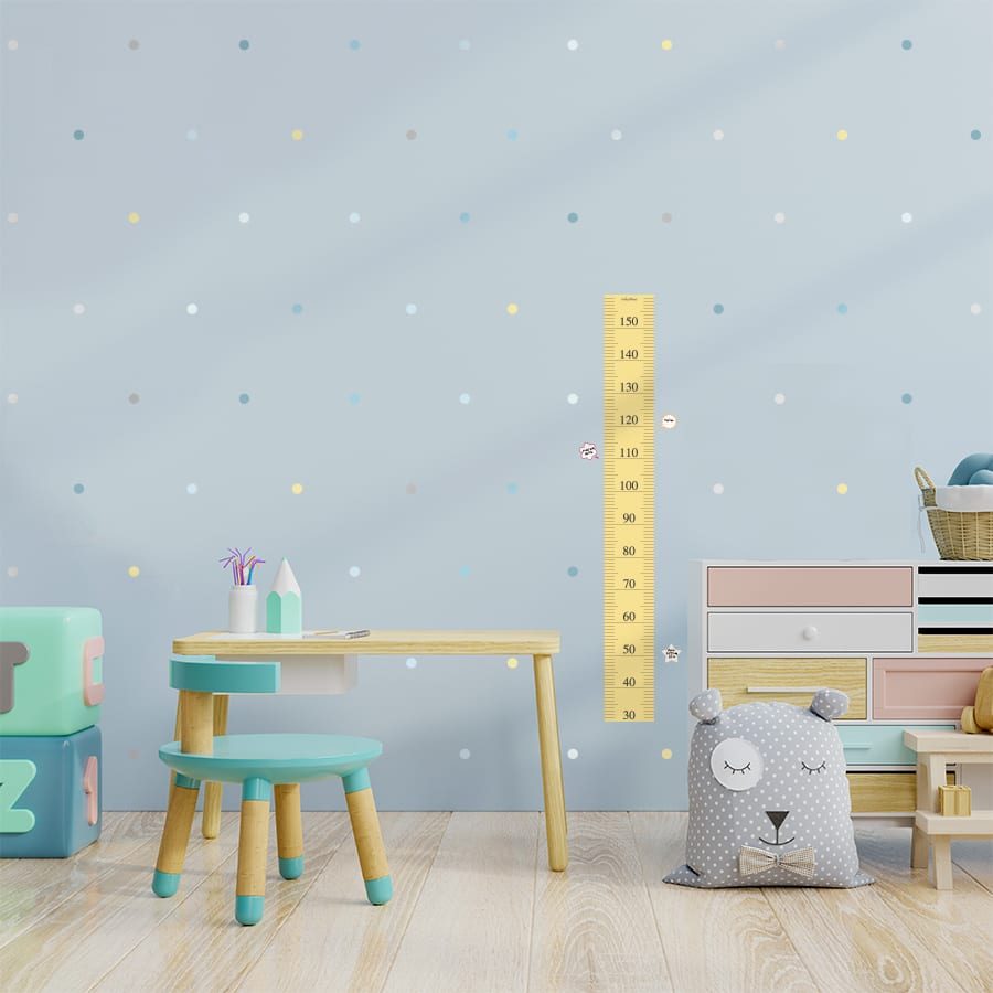 Vinilo decorativo topitos pastel en pared de color azul de cuarto infantil con vinilo decorativo medidor infantil de color amarillo - Nicolasito.es #color_Pastel azul