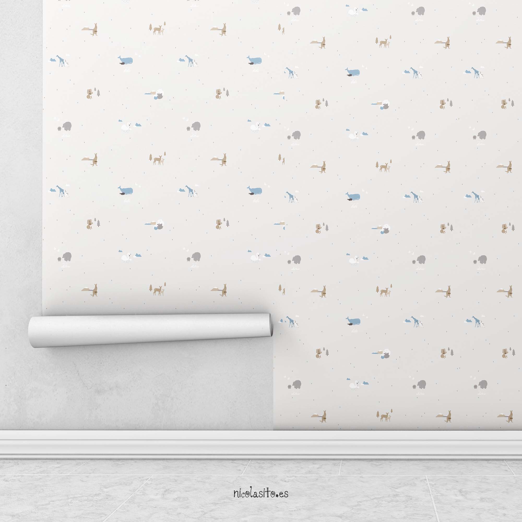 Papel pintado para decoracar habitación infantil con estampado de animales en color gris #color_Animales-gris