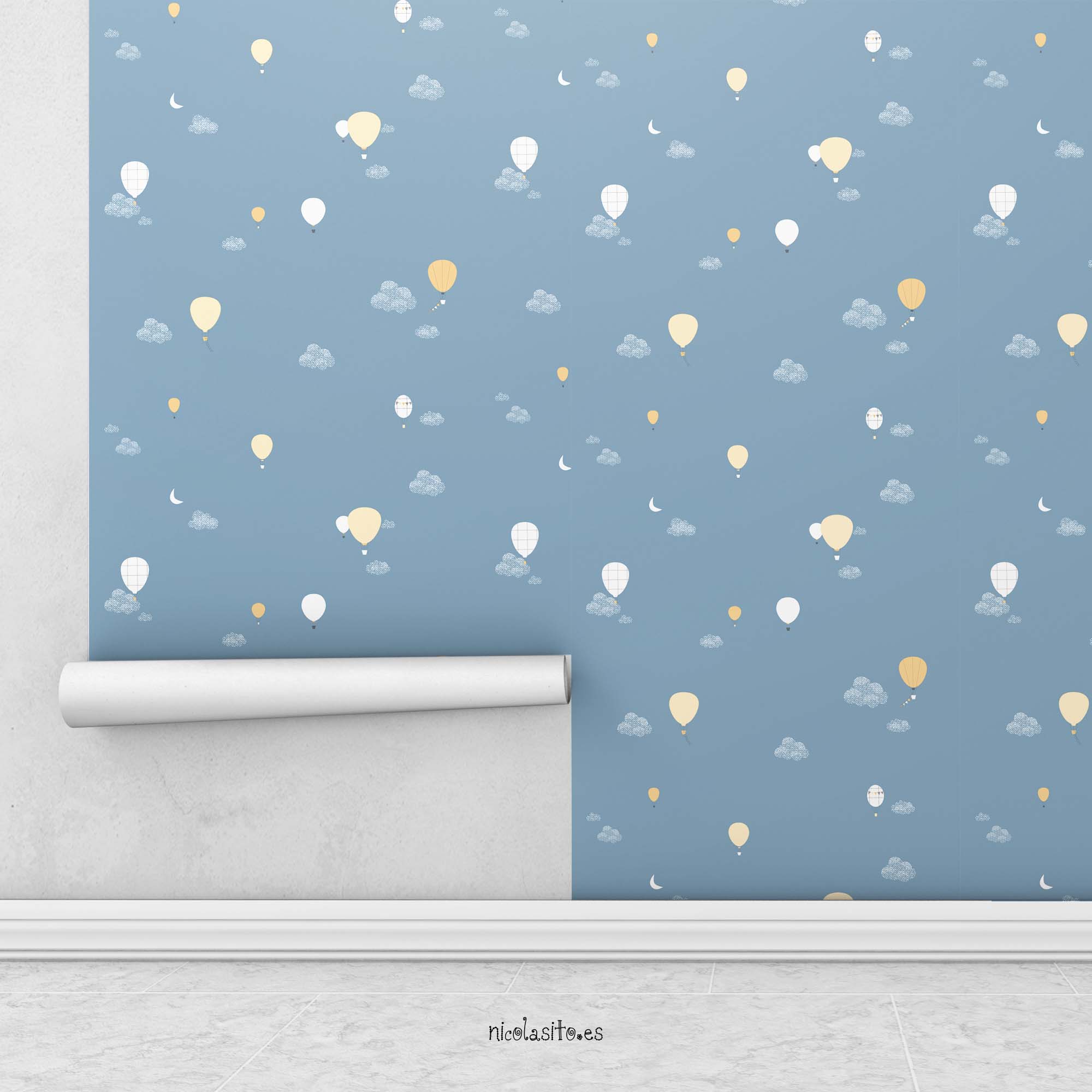 papel pintado para decorar dormitorios infantiles con estampado de globos azul #color_Globos-azul