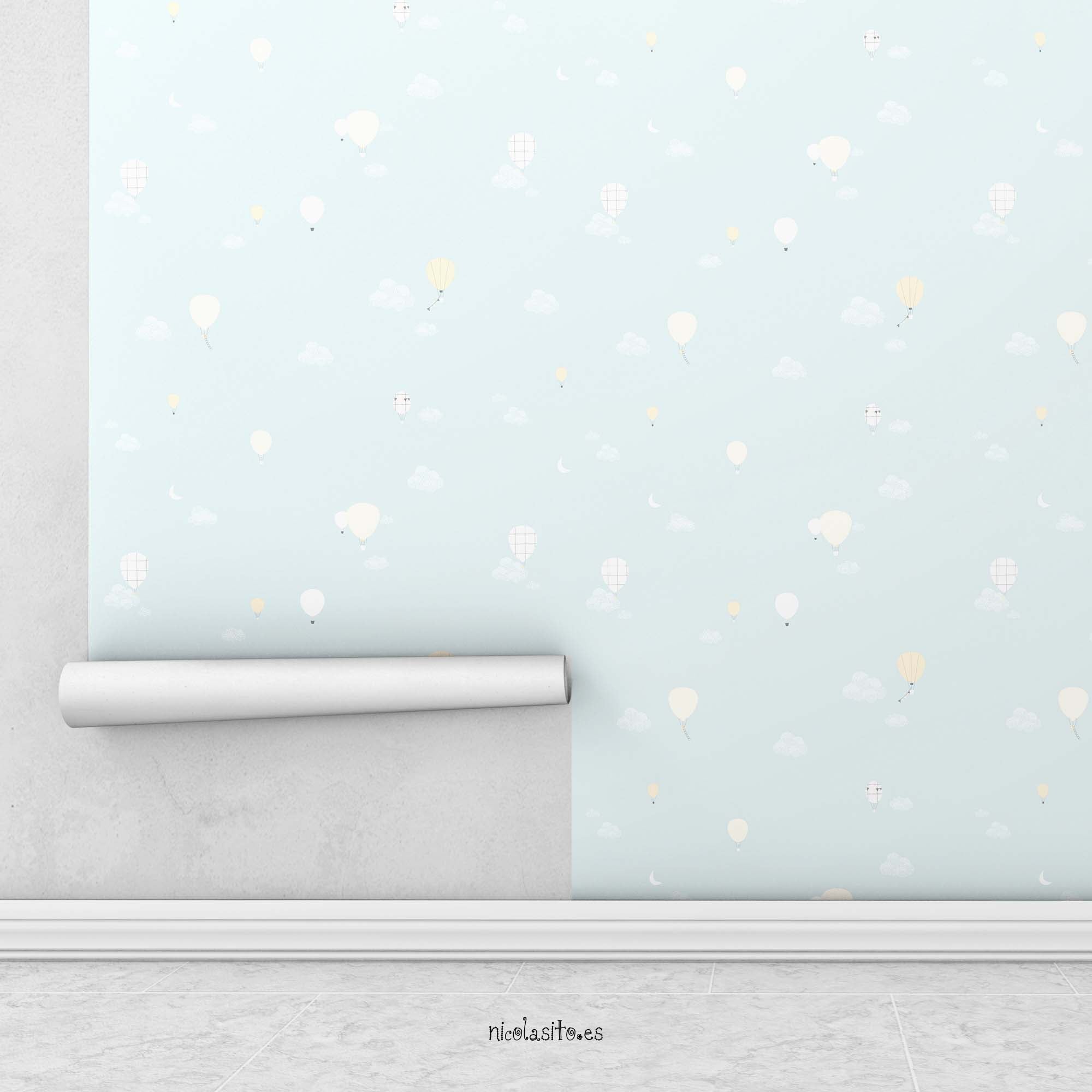 papel pintado para decorar dormitorios infantiles con estampado de globos menta #color_Globos-menta