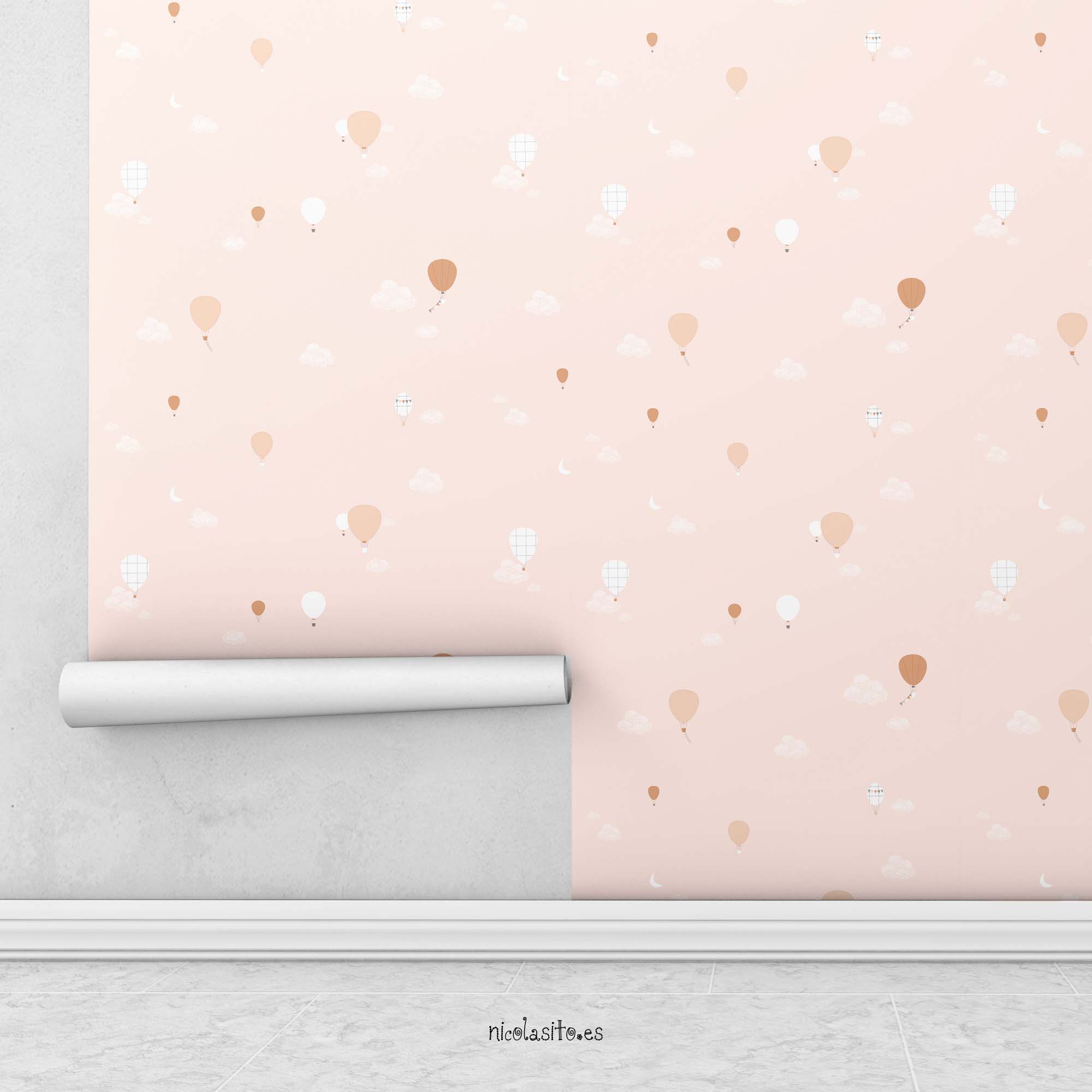 papel pintado para decorar dormitorios infantiles con estampado de globos rosa #color_Globos-rosa