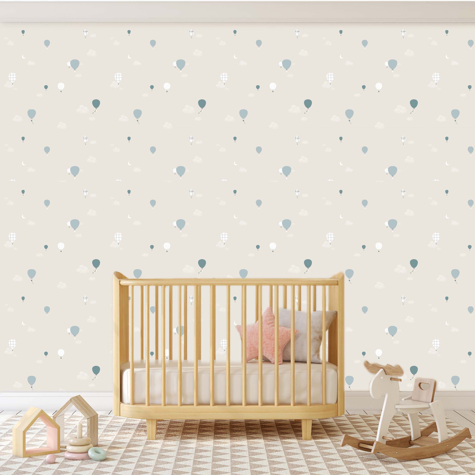 Paredes de dormitorio de bebé estilo nórdico decoradas con papel pintado infantil mini globos en color beige - Nicolasito.es #color_Globos-beige
