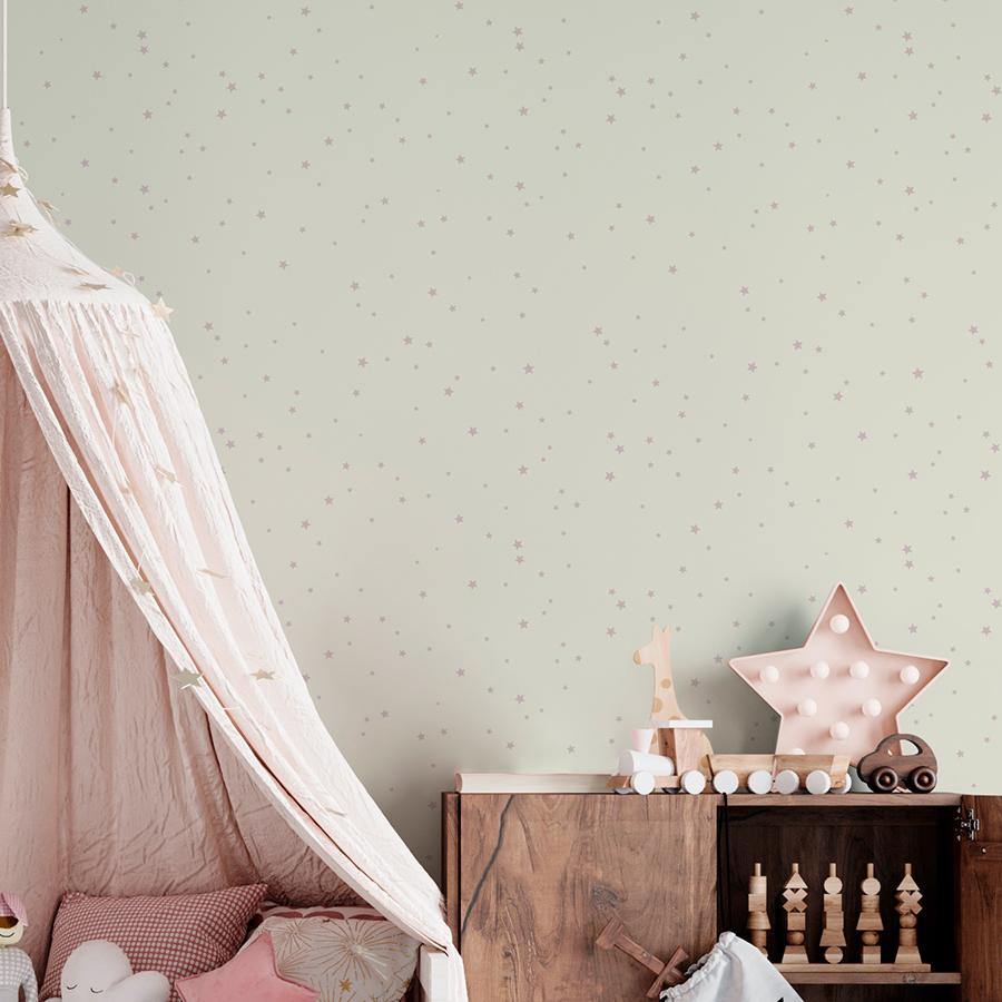 Paredes de habitación Infantil de niña decoradas con Papel Pintado Estrellitas en color Rosa - Nicolasito.es #color_Rosa