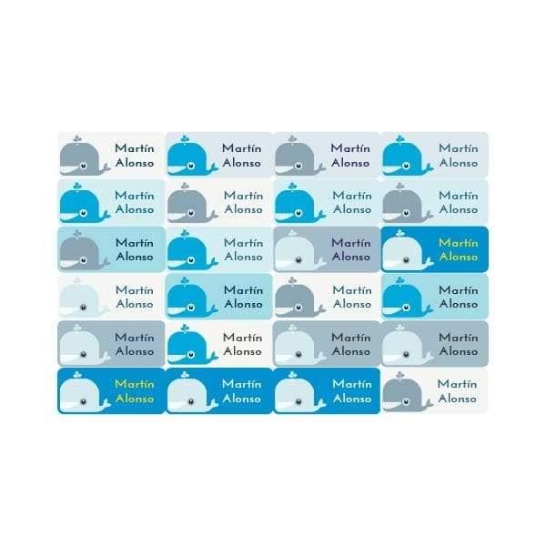 Etiquetas personalizadas con dibujo de ballena azul para marcar ropa escolar, pack de 24 unidades termoadhesivas y personalizables resistentes al lavado -Nicolasito.es #color_Azul