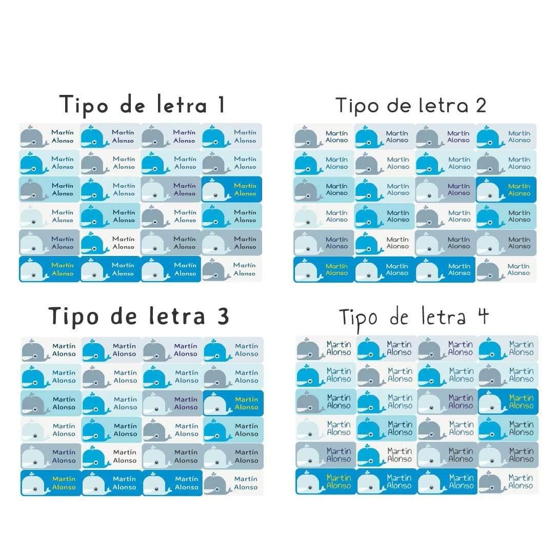 Etiquetas infantiles adhesivas y personalizadas para marcar la ropa con ilustración de ballena en color azul - Nicolasito.es #color_Azul