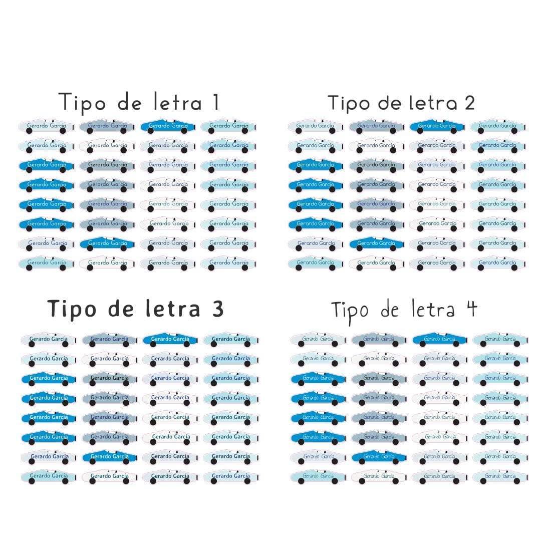 Plano detalle de las diferentes tipografías para las etiquetas infantiles termoadhesivas de fácil aplicación y resistentes al uso diario, con dibujo de coche en color azul y nombre personalizado - Nicolasito.es #color_Azul