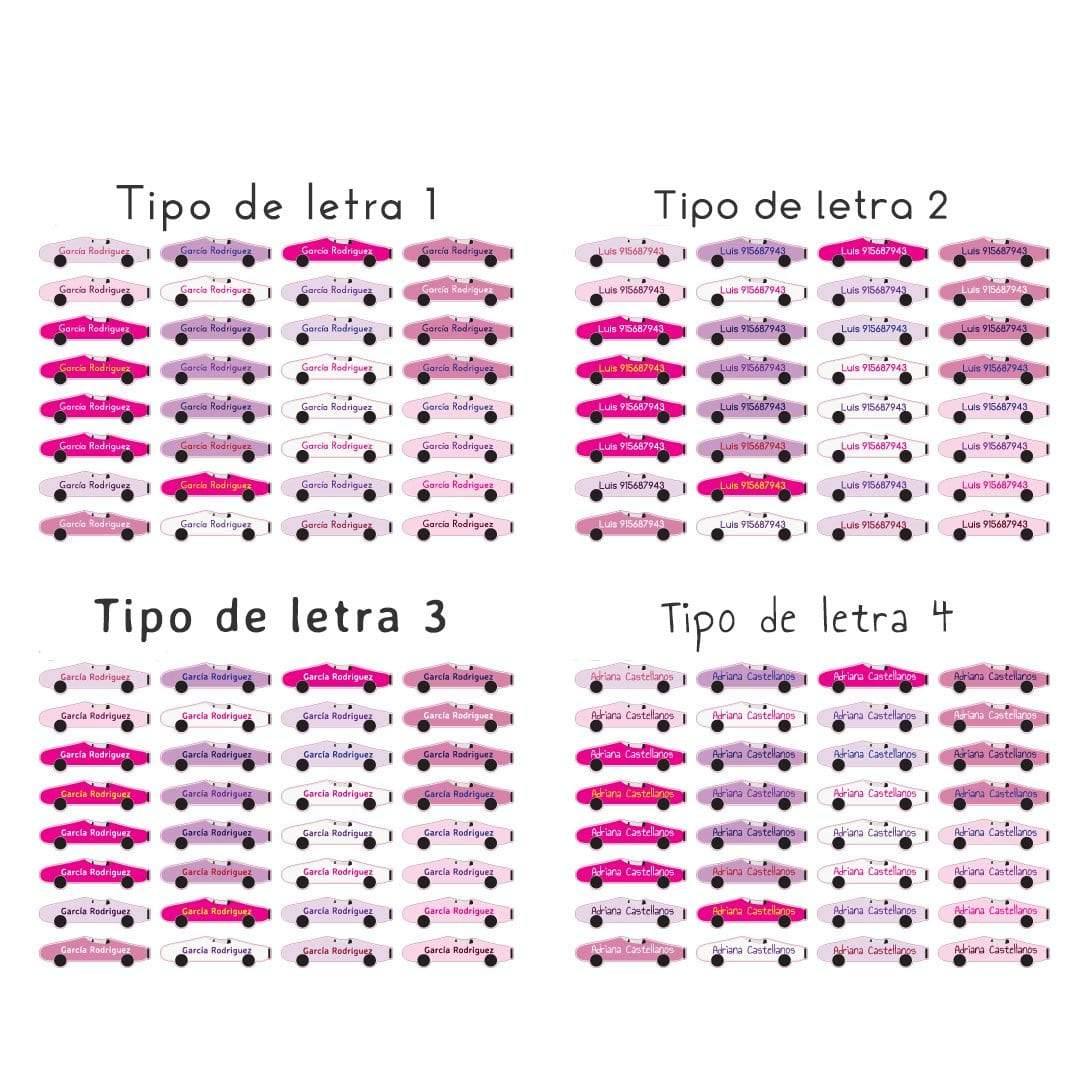 Imagen detallada de todas las tipografías disponibles para las etiquetas termoadhesivas y personalizables para marcar la ropa con diseño de coches en color rosa - Nicolasito.es #color_Rosa
