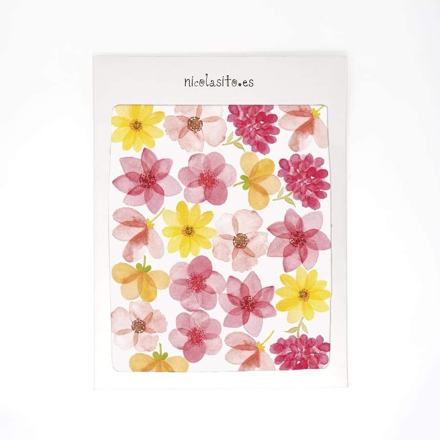 Foto detalle del packaging original del diseño en acabado acuarela del vinilo decorativo flores primavera en tonos rosa y amarillo pastel - Nicolasito.es