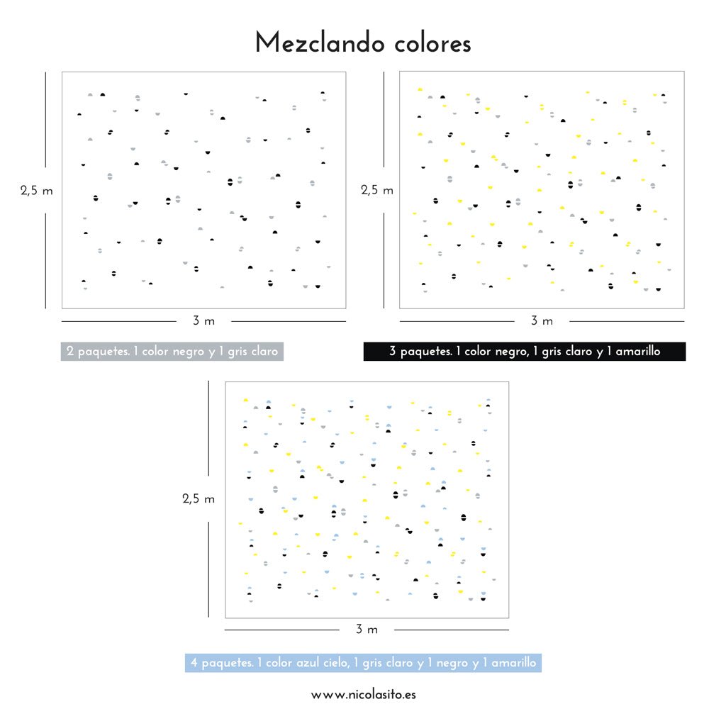 Cobertura del vinilo mini medias lunas en pared grande mostrando distribución con distintos paquetes y combinación de colores - Nicolasito.es