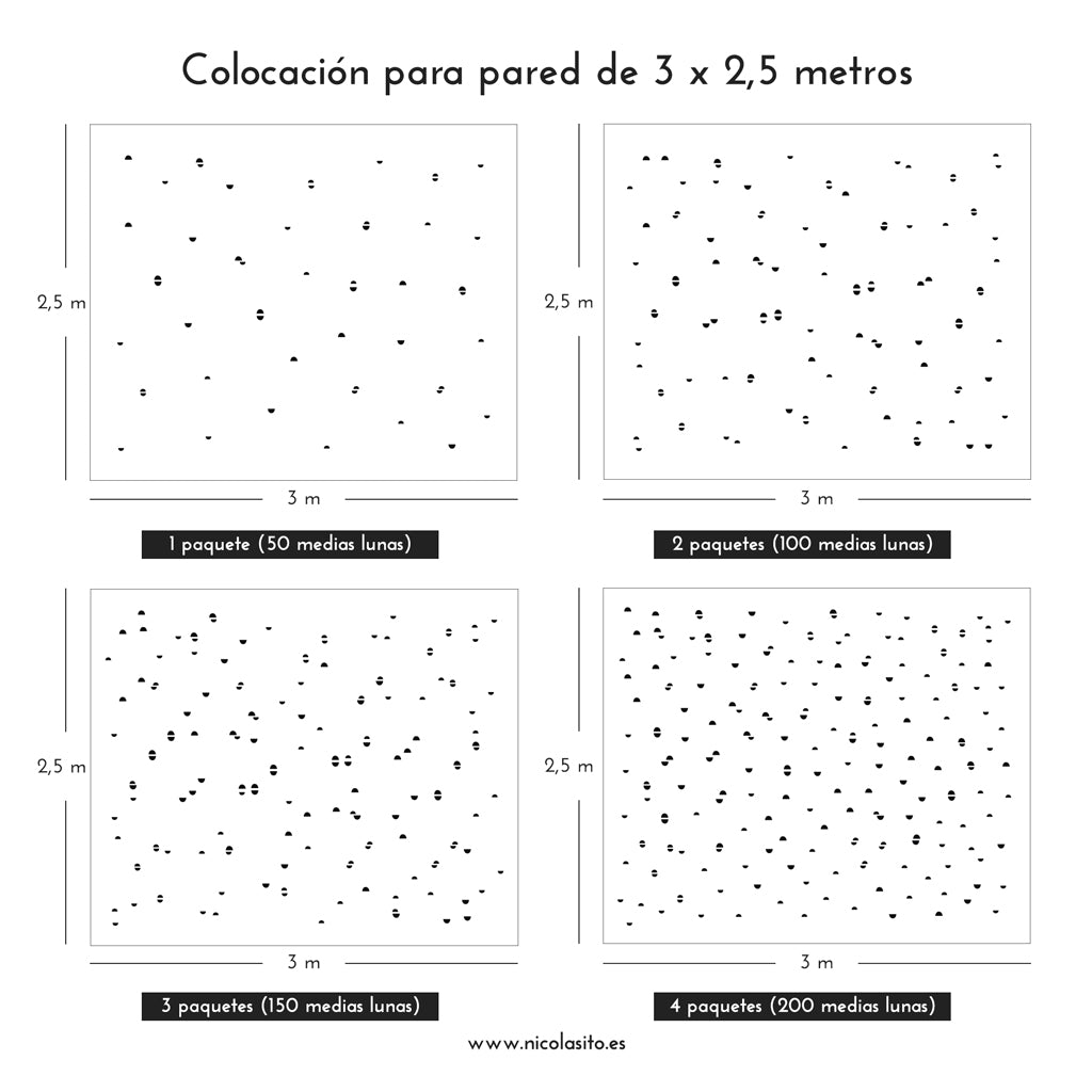 Ejemplo de pared de 3 x 2,5 metros decorada con varios paquetes de vinilo mini medias lunas - Nicolasito.es