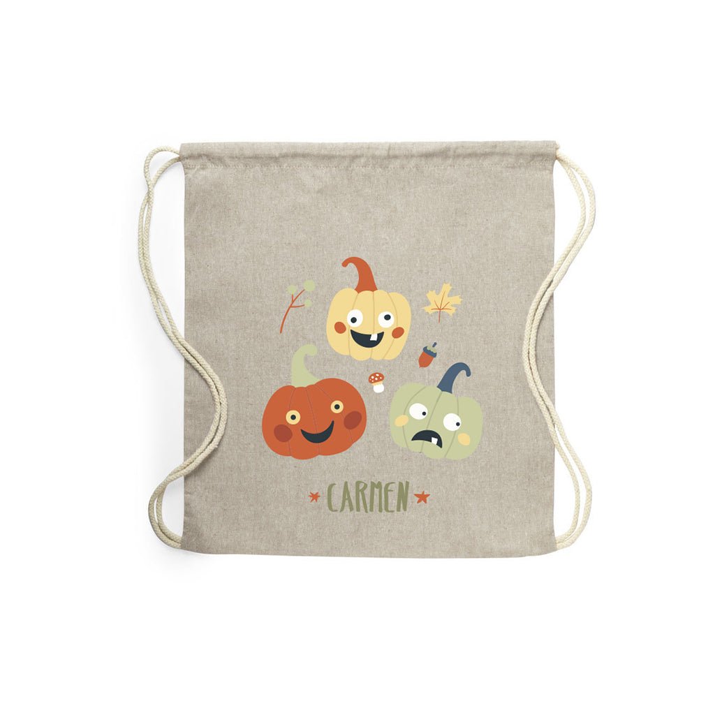 Detalle del diseño de la Mochila Otoño modelo Calabazas, mochila infantil ecológica de algodón reciclado con estampado otoñal de calabazas naranjas y hojas - Nicolasito.es #color_Calabazas