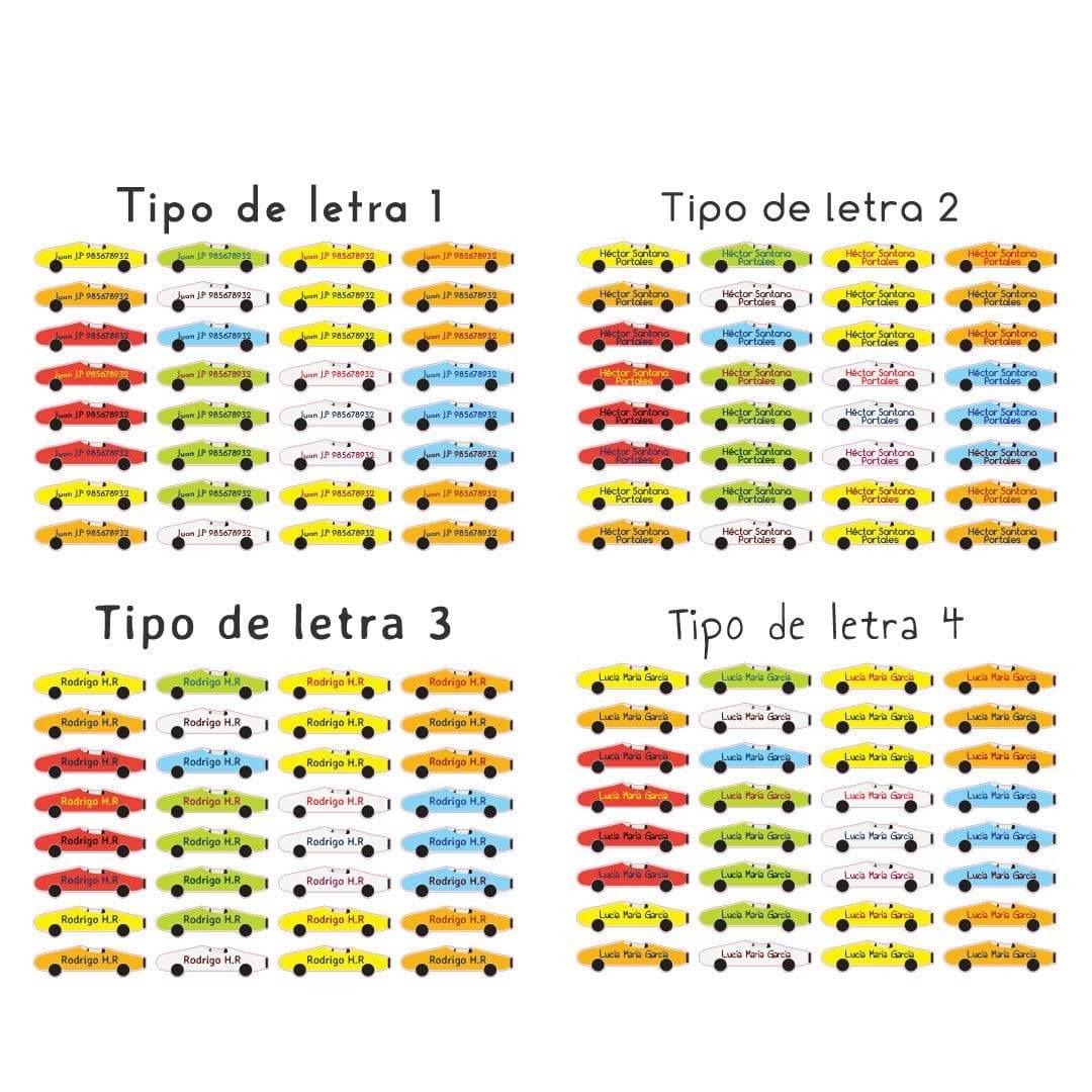 Imagen de los diferentes tipos de letra disponibles para las etiquetas termoadhesivas y personalizadas para marcar ropa infantil con temática de coches en diferentes colores, resistentes al lavado y al uso diario - Nicolasito.es #color_Multicolor