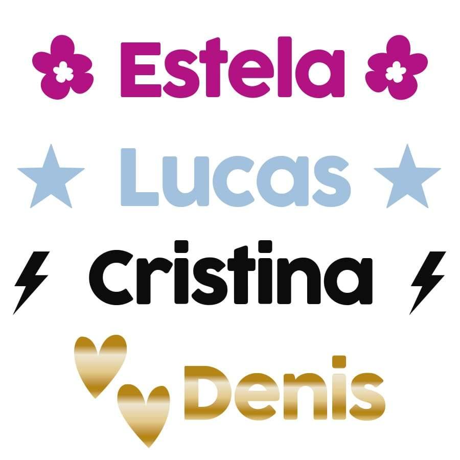 Ejemplo de vinilos con nombre personalizados para bicicletas, adhesivos resistentes al agua y al roce, disponibles en varios colores y estilos - Nicolasito.es