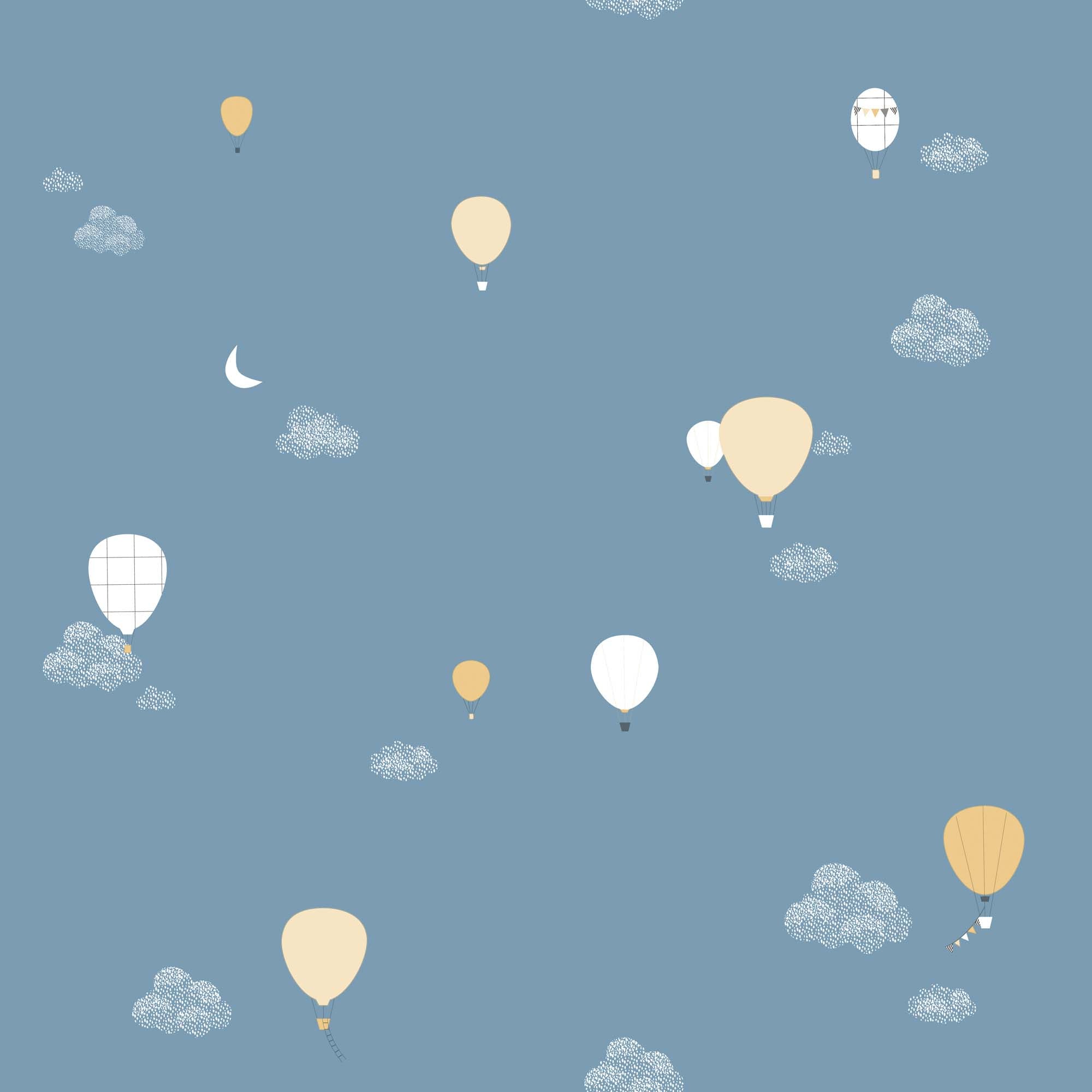 Plano detalle del patrón del papel pintado infantil globos azul con nubes - Nicolasito.es #color_Globos-azul