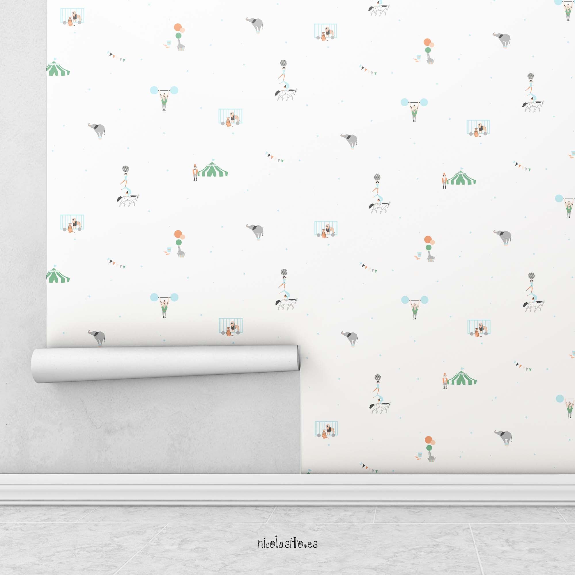 Papel pintado para decorar habitación infantil con estampado de circo beige #color_Circo-beige