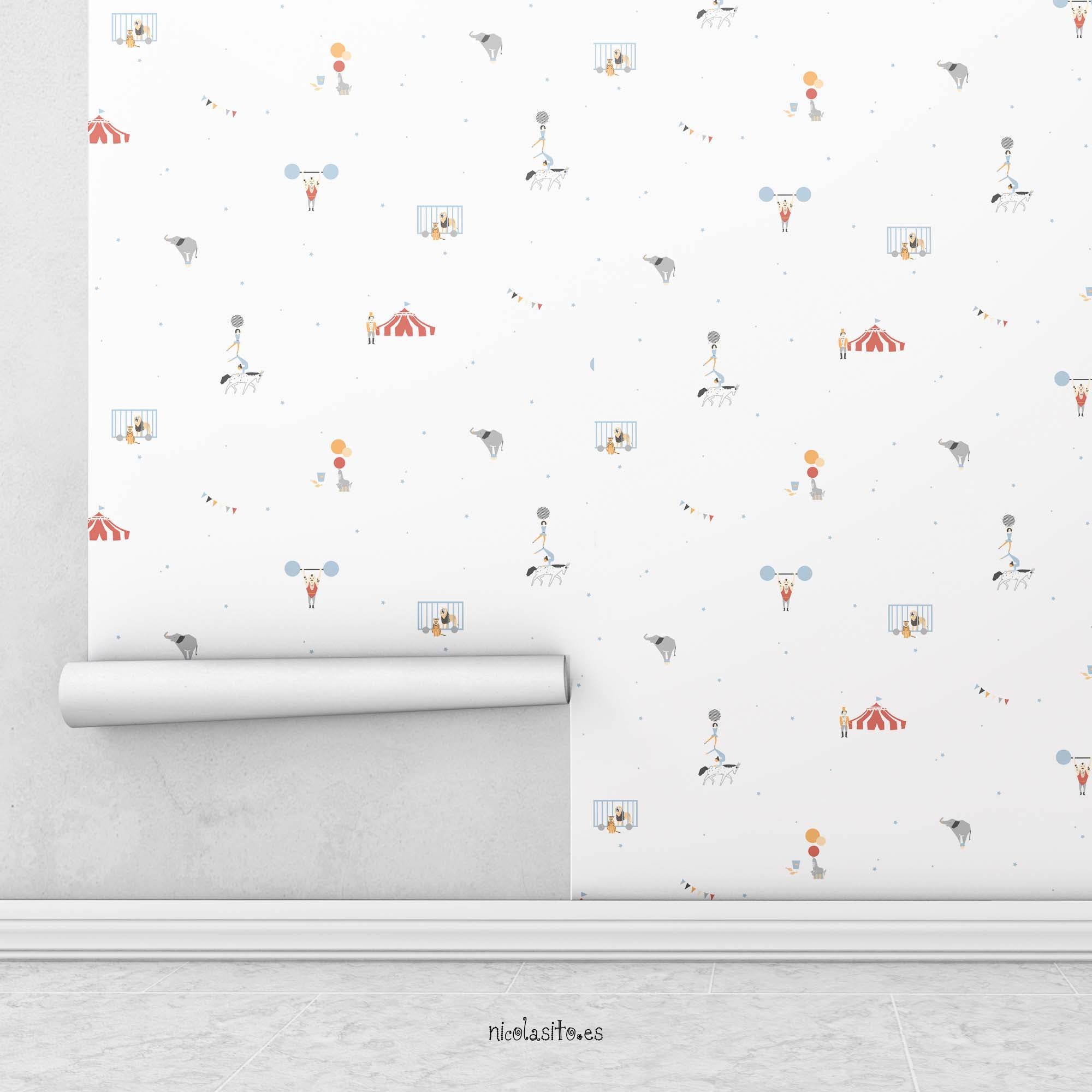 Papel pintado para decorar habitación infantil con estampado de circo blanco #color_Circo-blanco