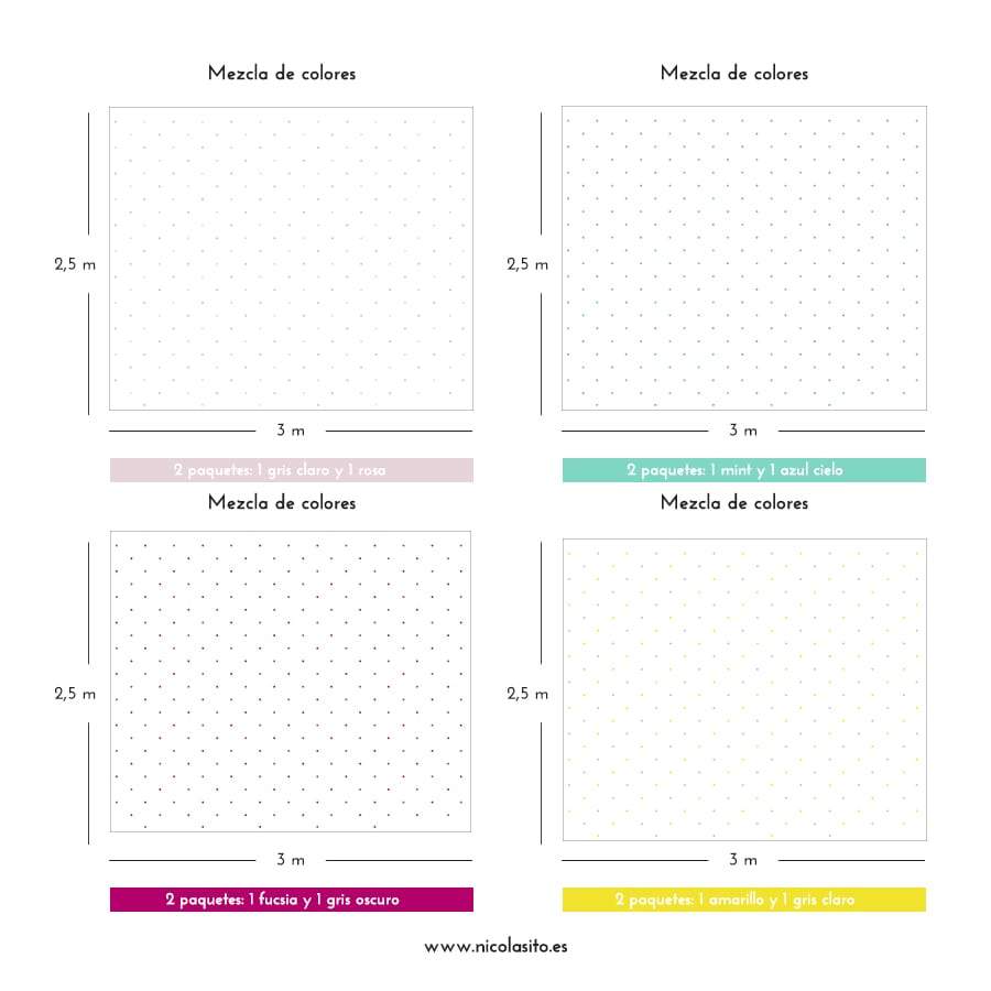 Cobertura del vinilo mini dots en pared grande mostrando distribución con distintos paquetes - Nicolasito.es