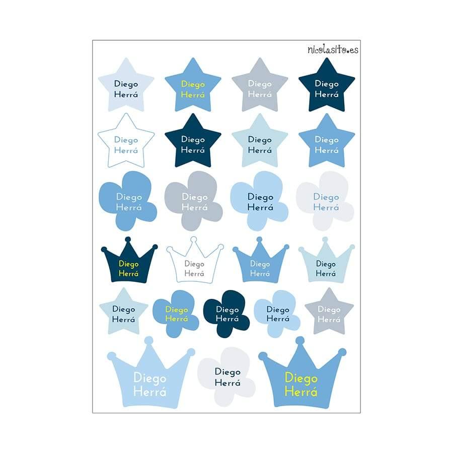 Pegatinas personalizadas Estrellas Coronas y Mariposas azul